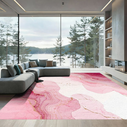 Pink Gold Fluid Marble Waves Rug