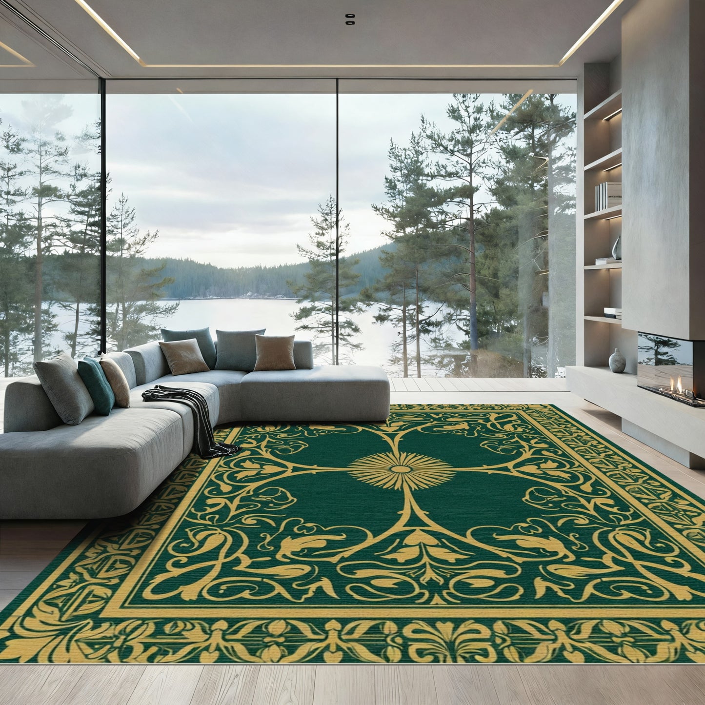 Ornate Gold Dark Green Floral Medallion Rug