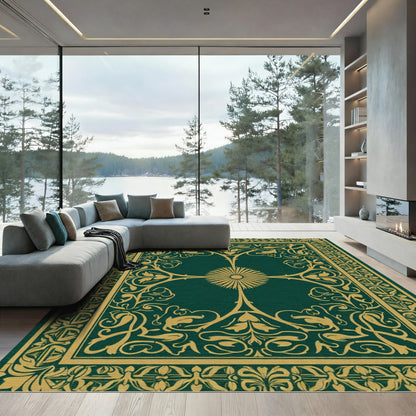 Ornate Gold Dark Green Floral Medallion Rug