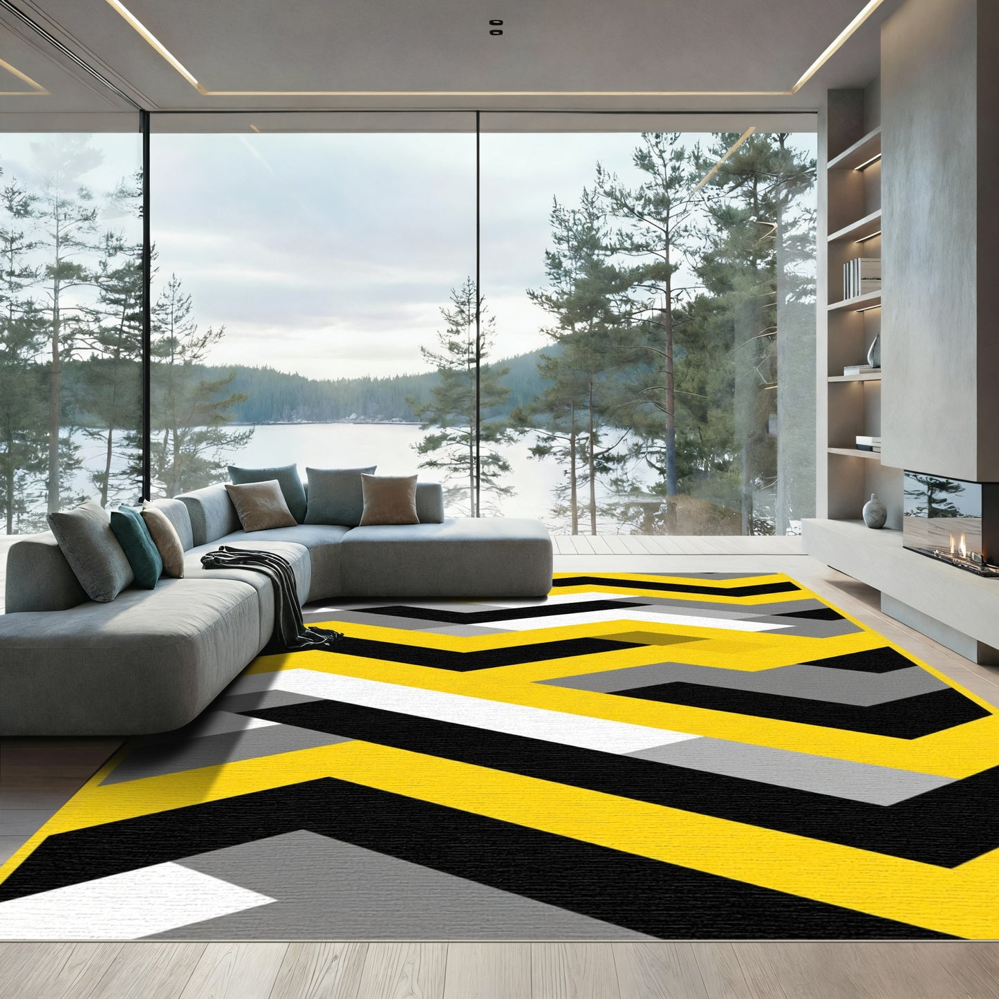 Bold Yellow Black Geometric Chevron Rug