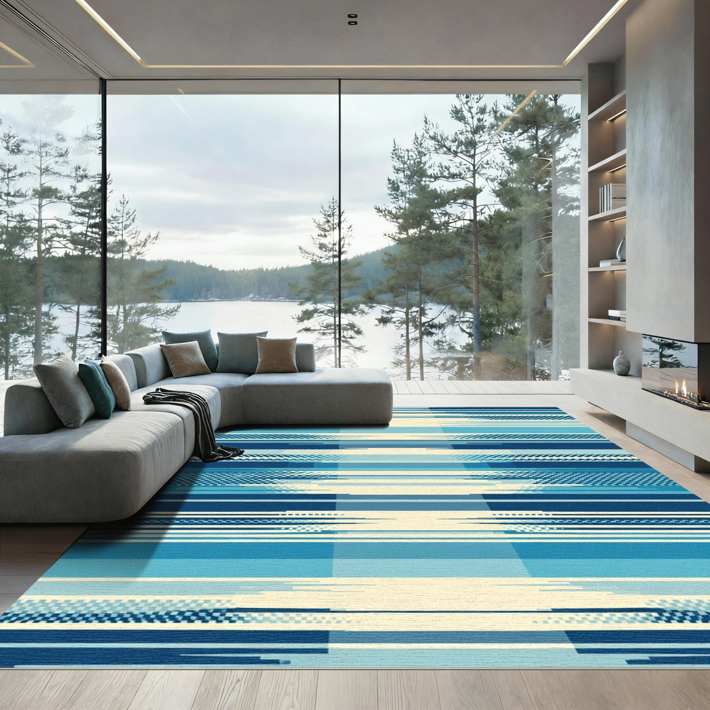 Glitch Blue Geometric Stripes Rug