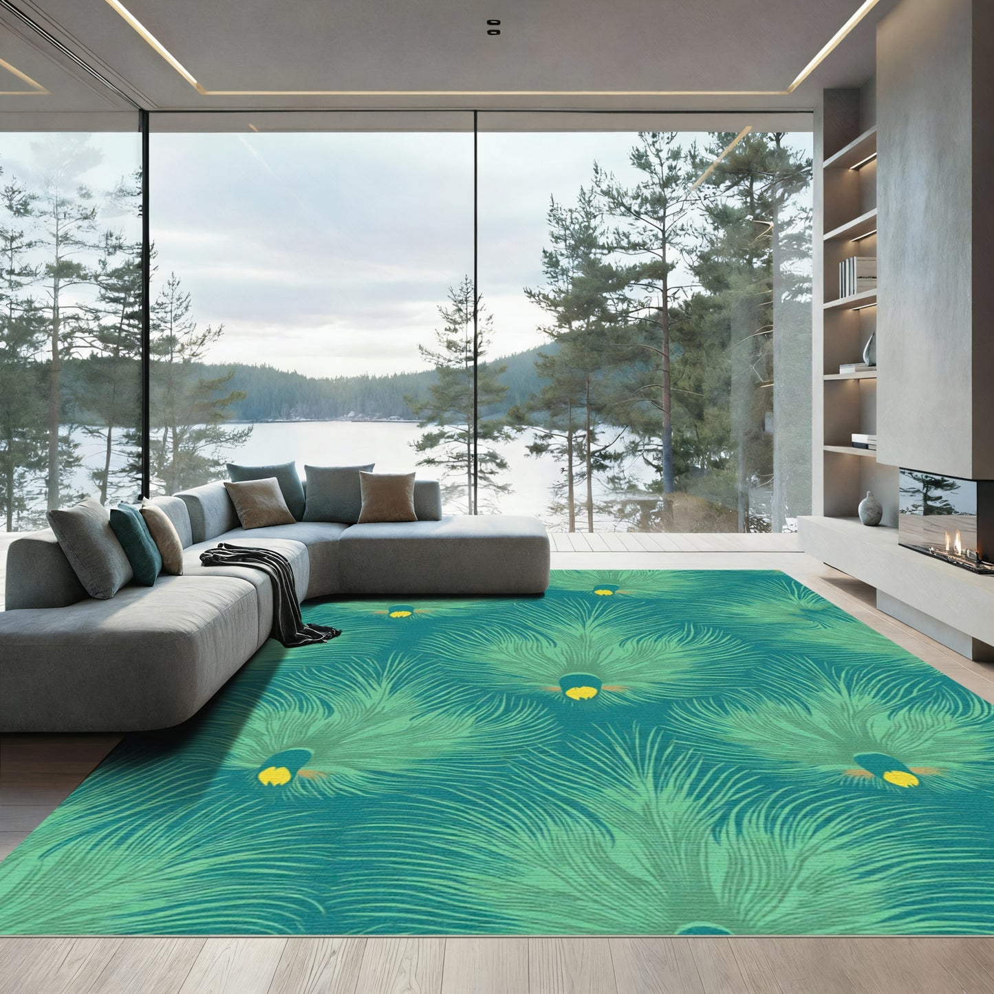 Teal Green Peacock Feather Pattern Rug