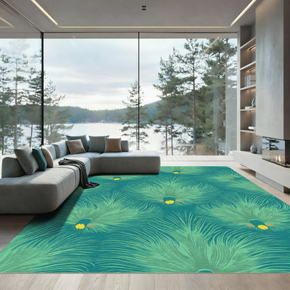 Teal Green Peacock Feather Pattern Rug