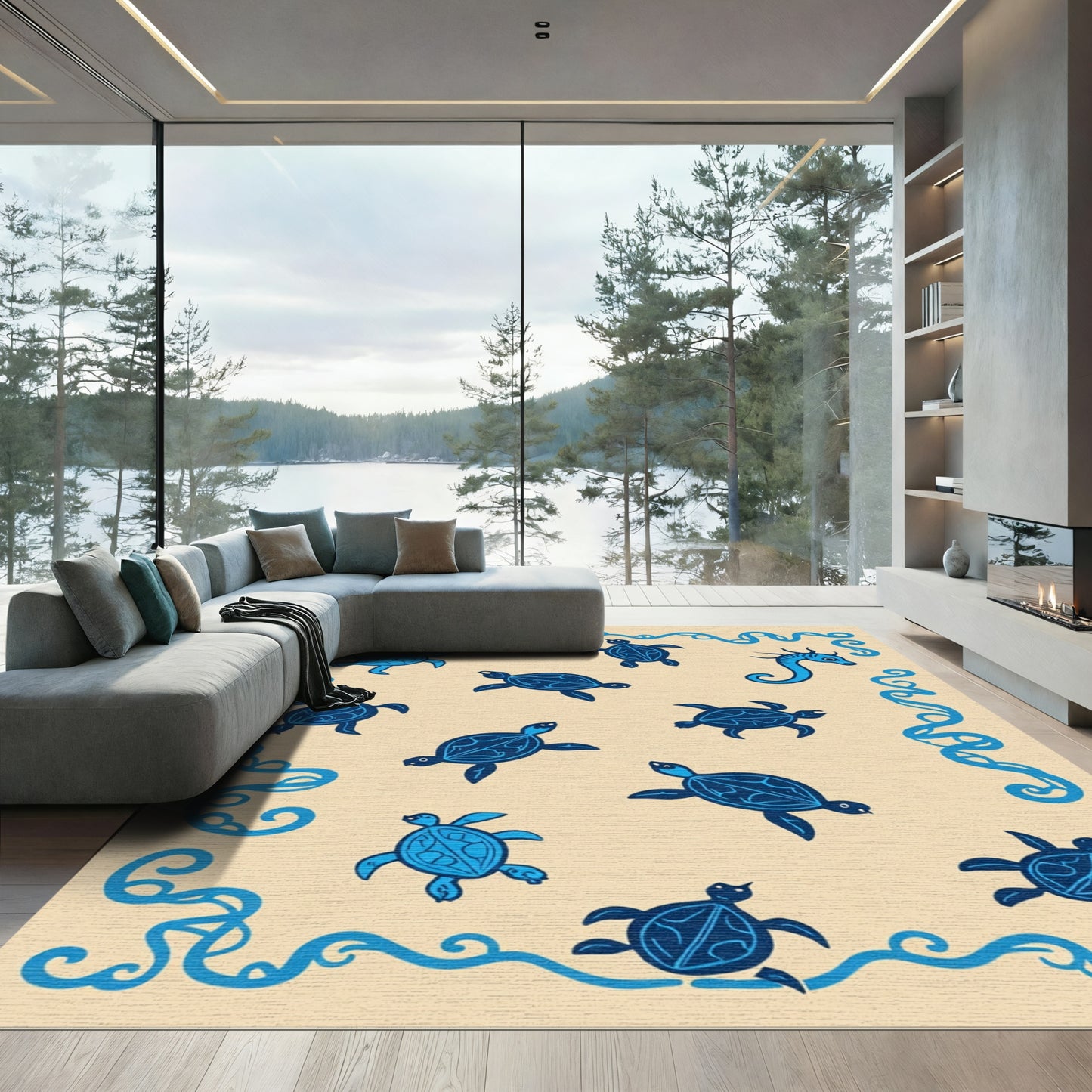 Blue Ocean Turtle Wave Border Rug