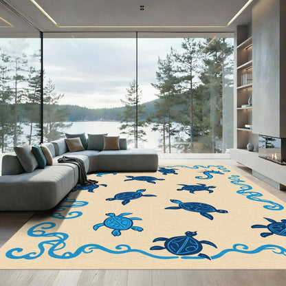 Blue Ocean Turtle Wave Border Rug