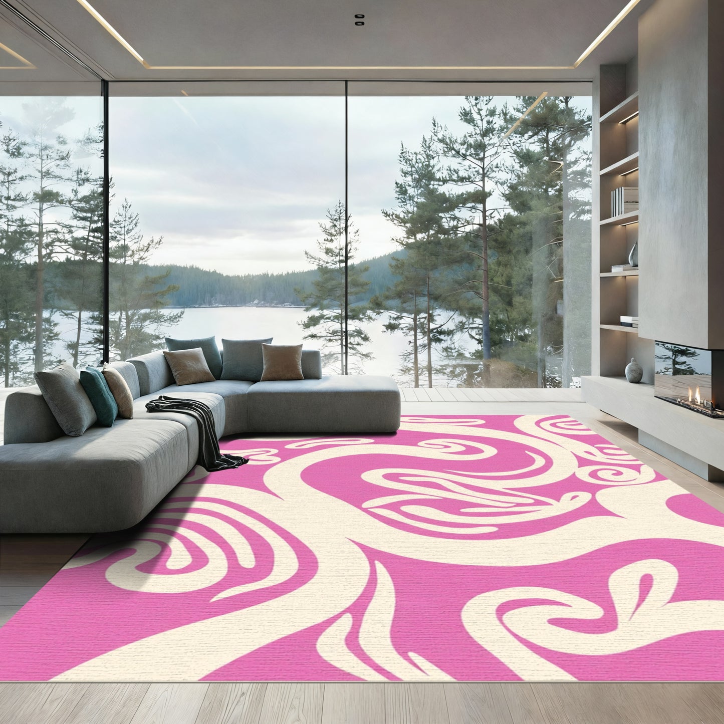 Cream Swirls Pink Abstract Rug