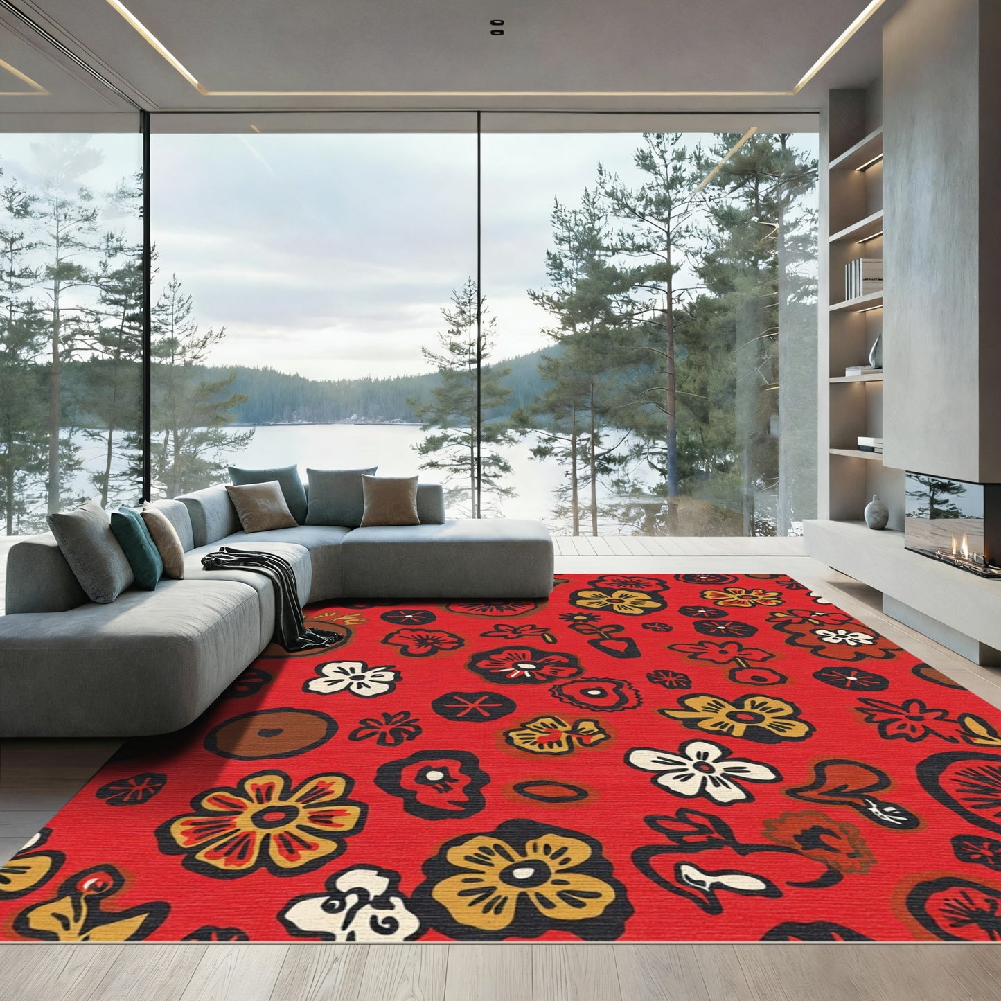Vibrant Red Retro Floral Scatter Rug