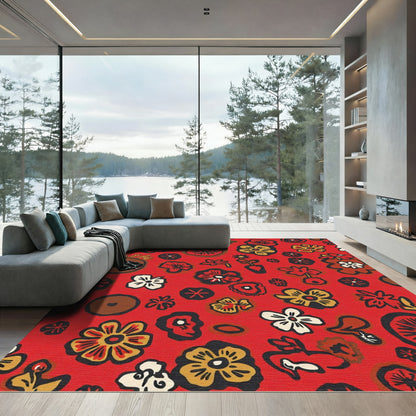 Vibrant Red Retro Floral Scatter Rug