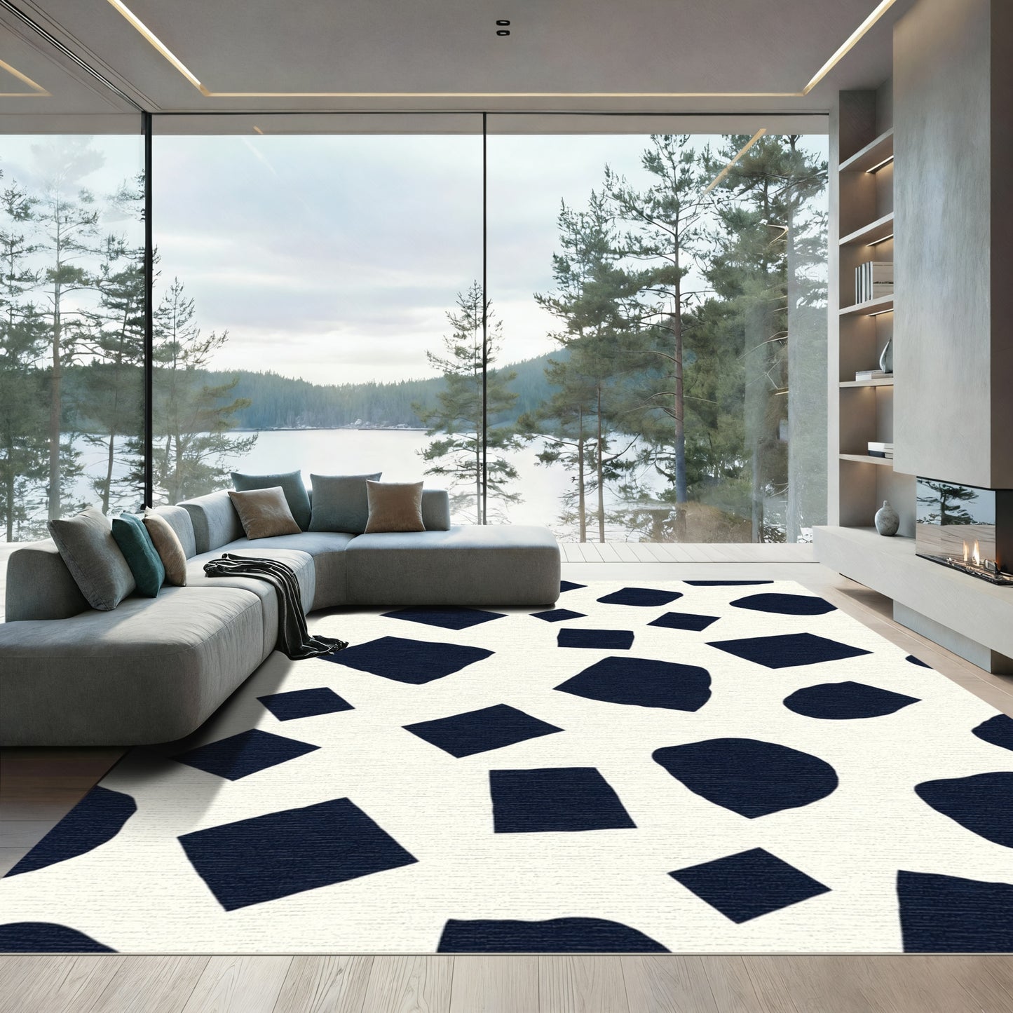 Abstract Dark Blue Scattered Shapes Rug