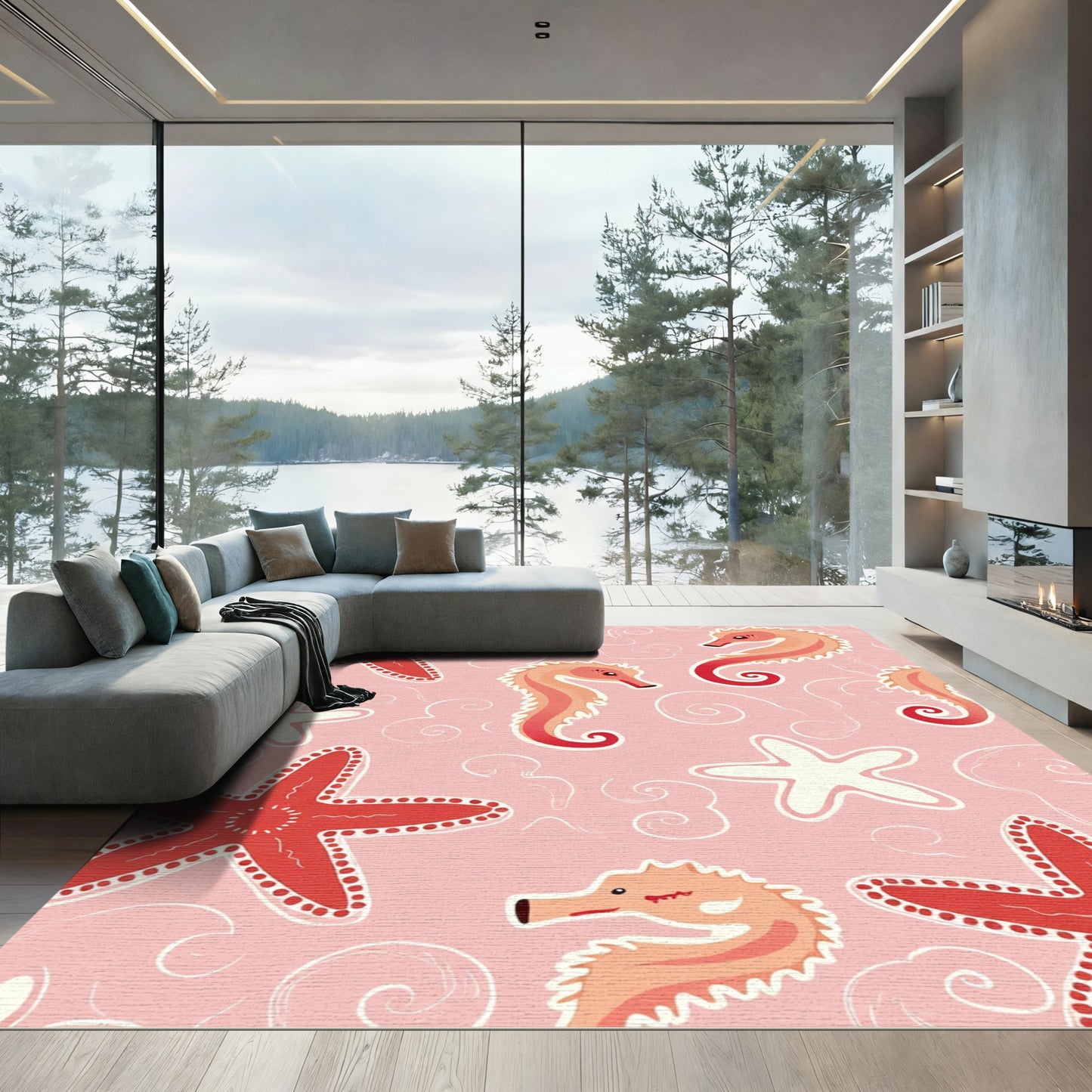 Pink Seahorse Starfish Swirls Rug