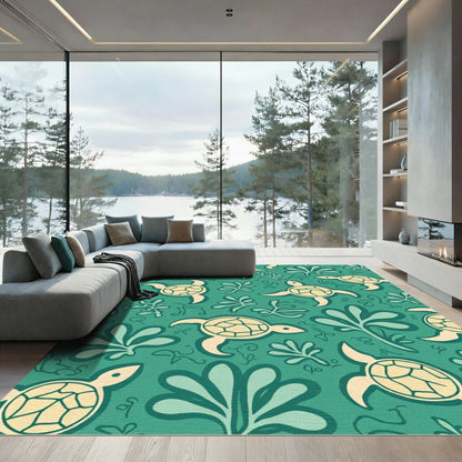 Coastal Teal Turtle Kelp Ensemble Rug