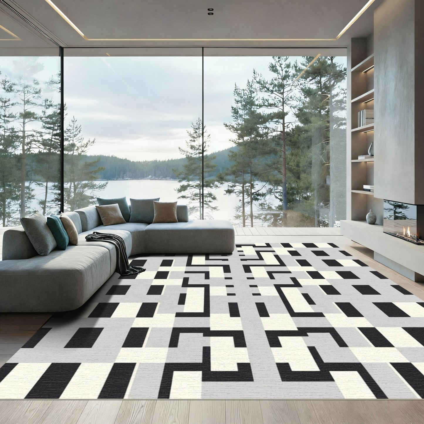 Gray Black White Geometric Lattice Rug