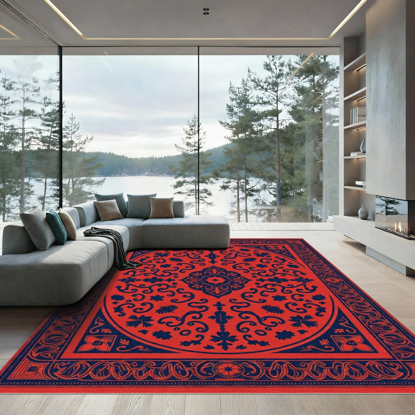 Crimson Navy Contemporary Medallion Rug