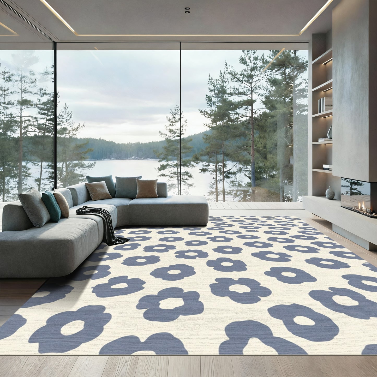 Cream Blue Modern Floral Scatter Rug