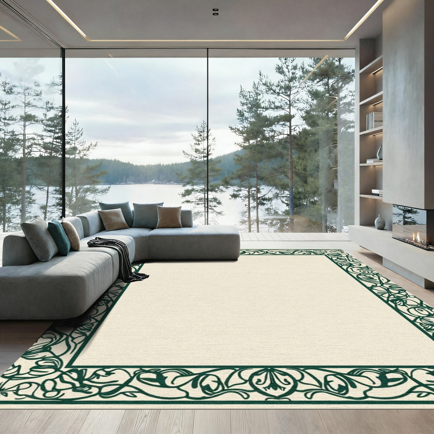 Vintage Emerald Art Nouveau Border Rug