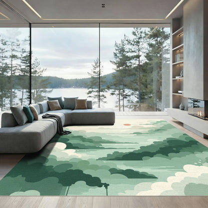 Misty Emerald Clouds Sunrise Landscape Rug