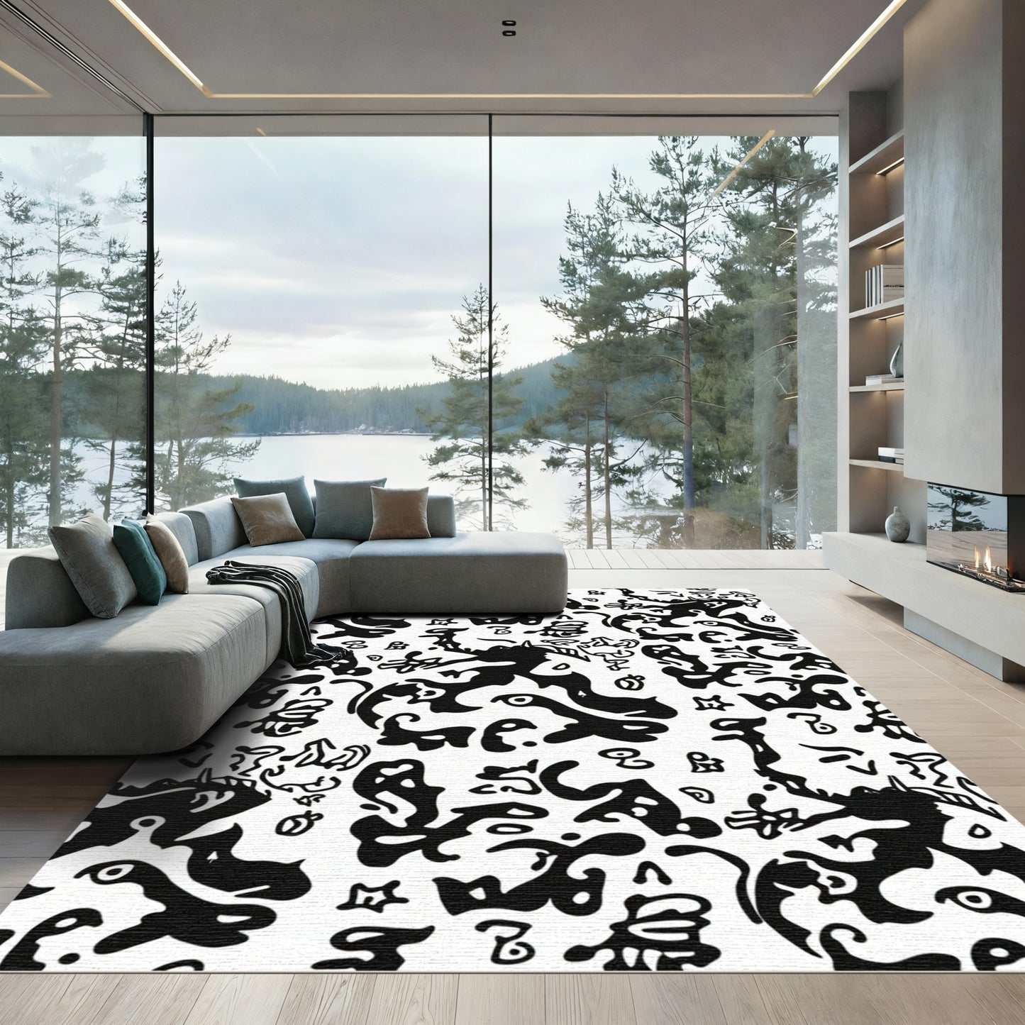 Bold Black Abstract Organic Shapes Rug
