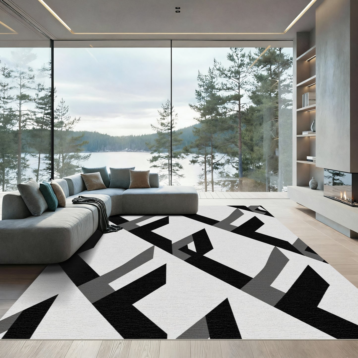 Monochromatic Interlocking Geometric Shapes Rug