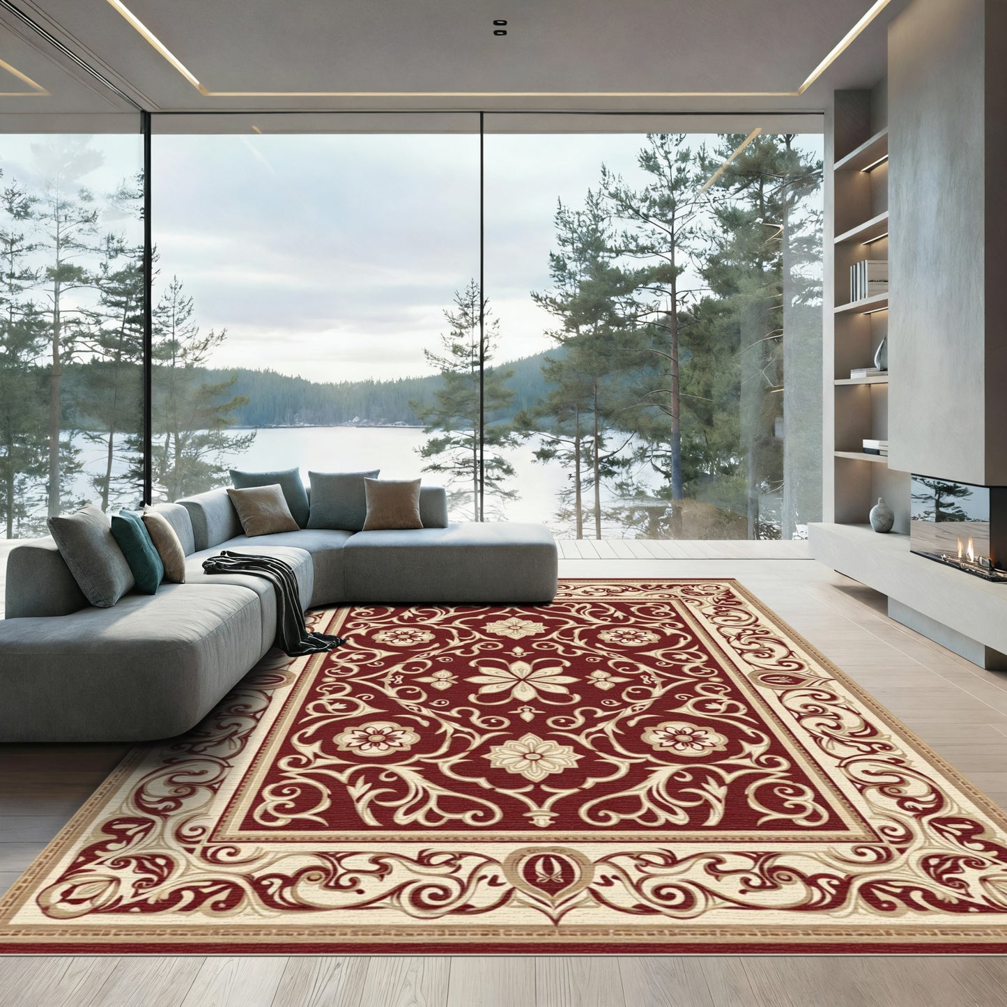 Deep Red Antique Scrollwork Blossom Rug