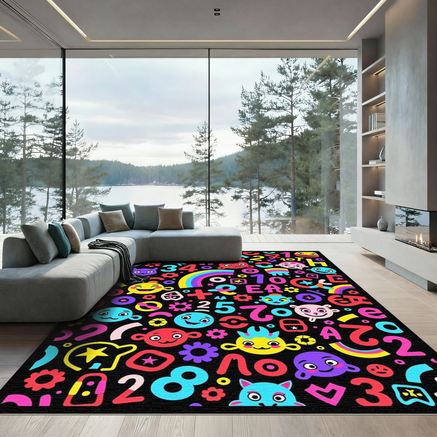 Colorful Characters and Numbers Collage Rug
