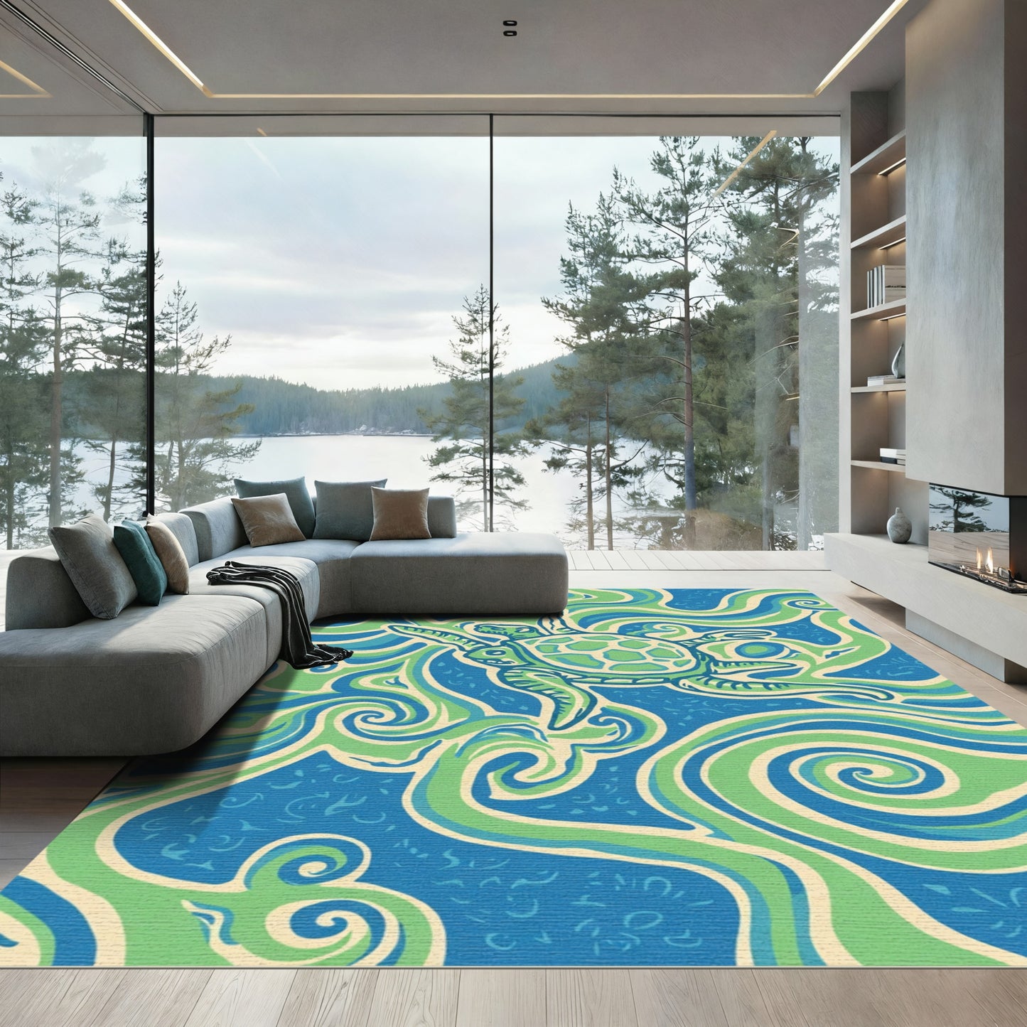 Aqua Sky Blue Green Turtle Swirl Rug