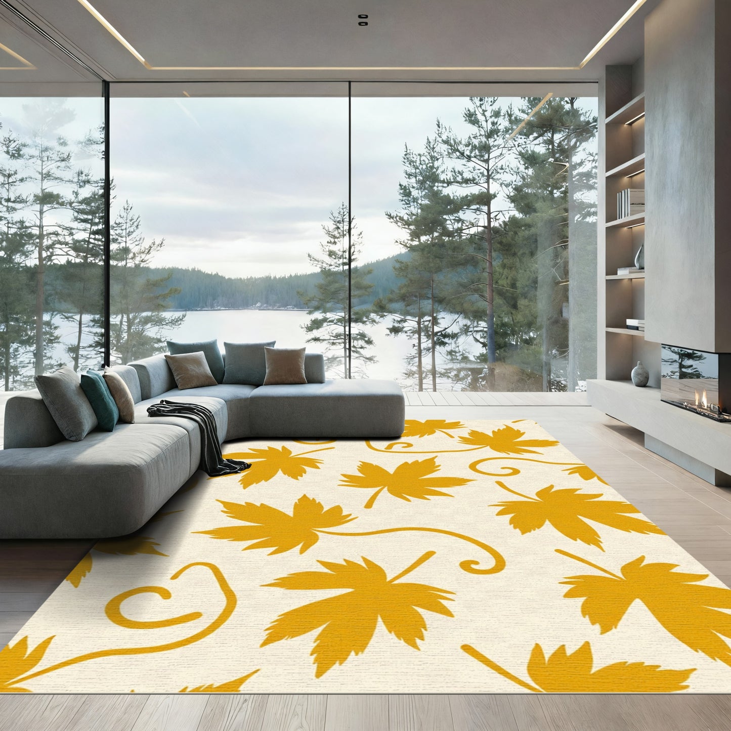 Golden Autumn Leaf Swirls Rug