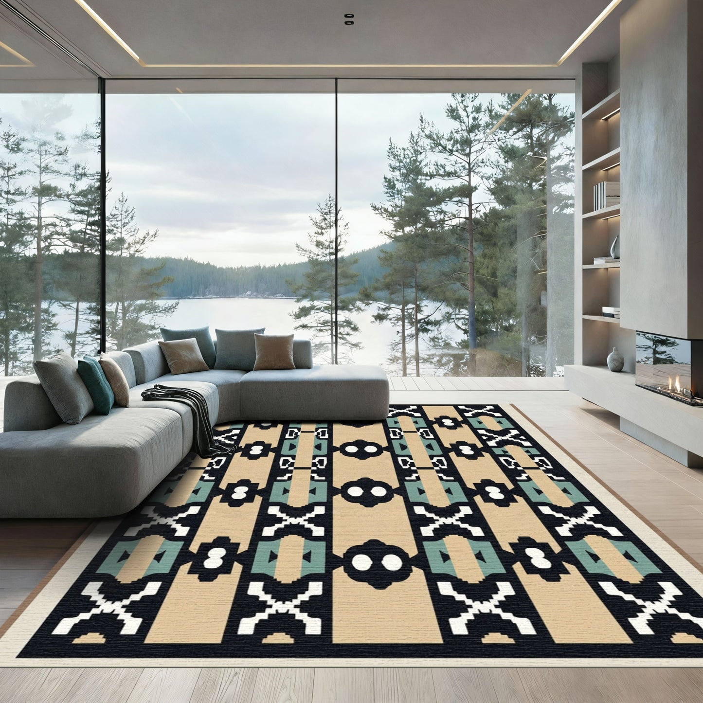 Geometric Tan Black Abstract Medallion Rug