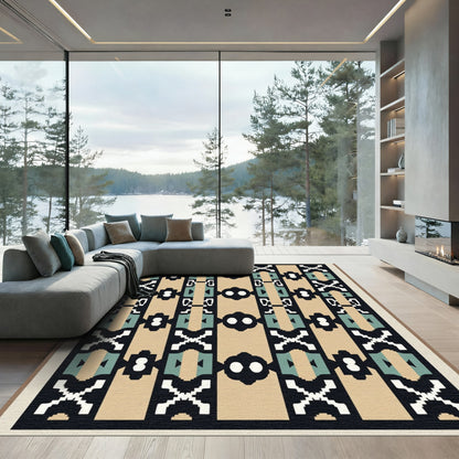 Geometric Tan Black Abstract Medallion Rug
