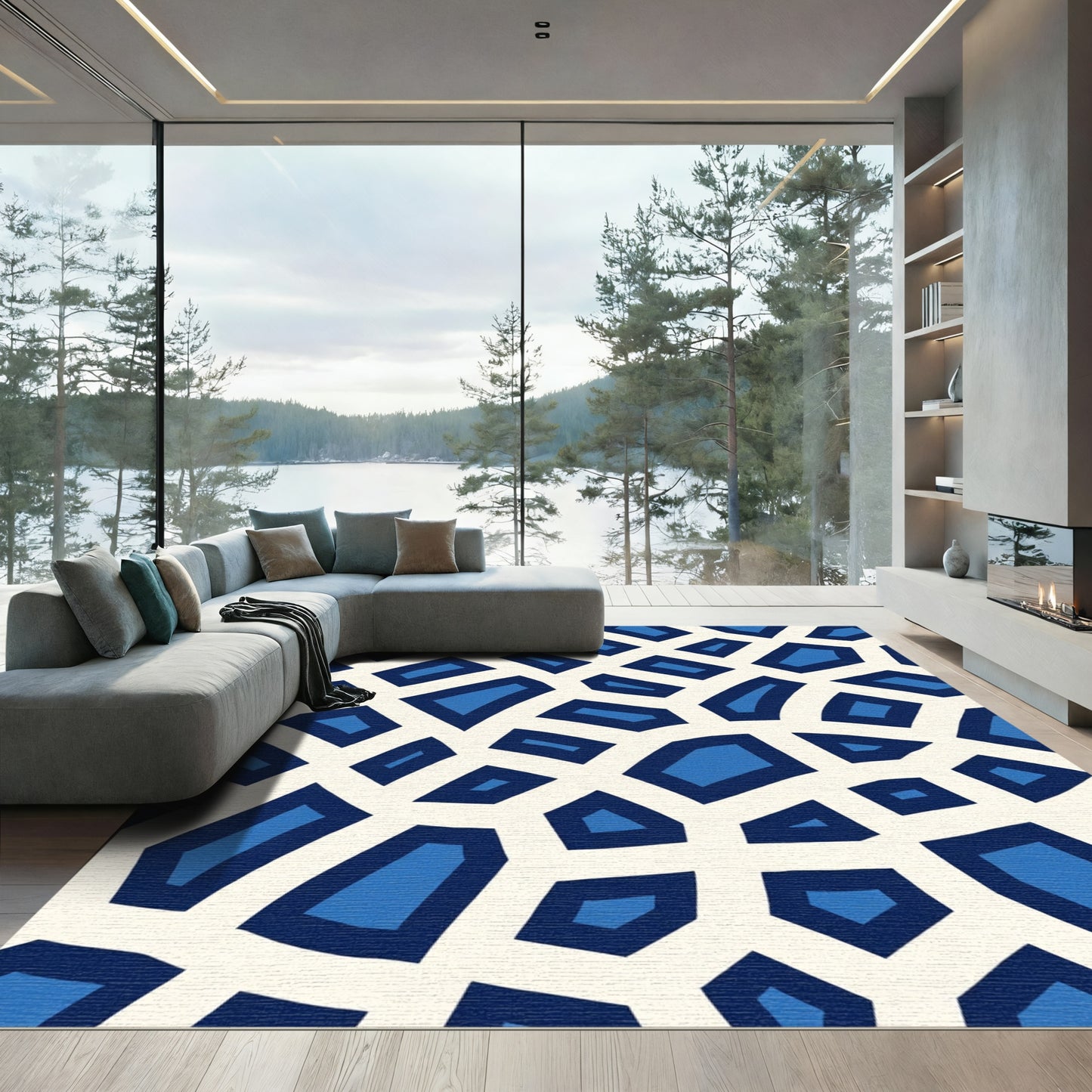 Deep Blue Geometric Irregular Shapes Rug