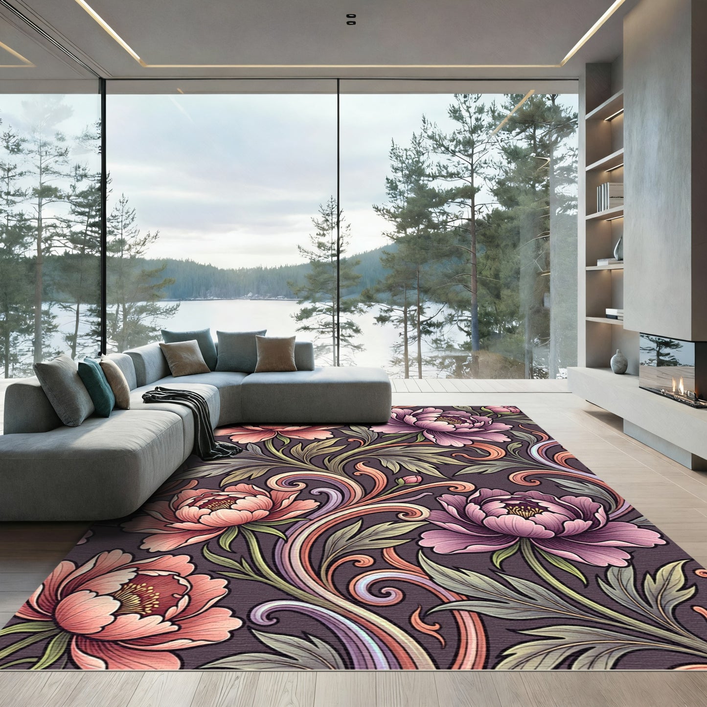 Ornate Peony Swirl Floral Rug