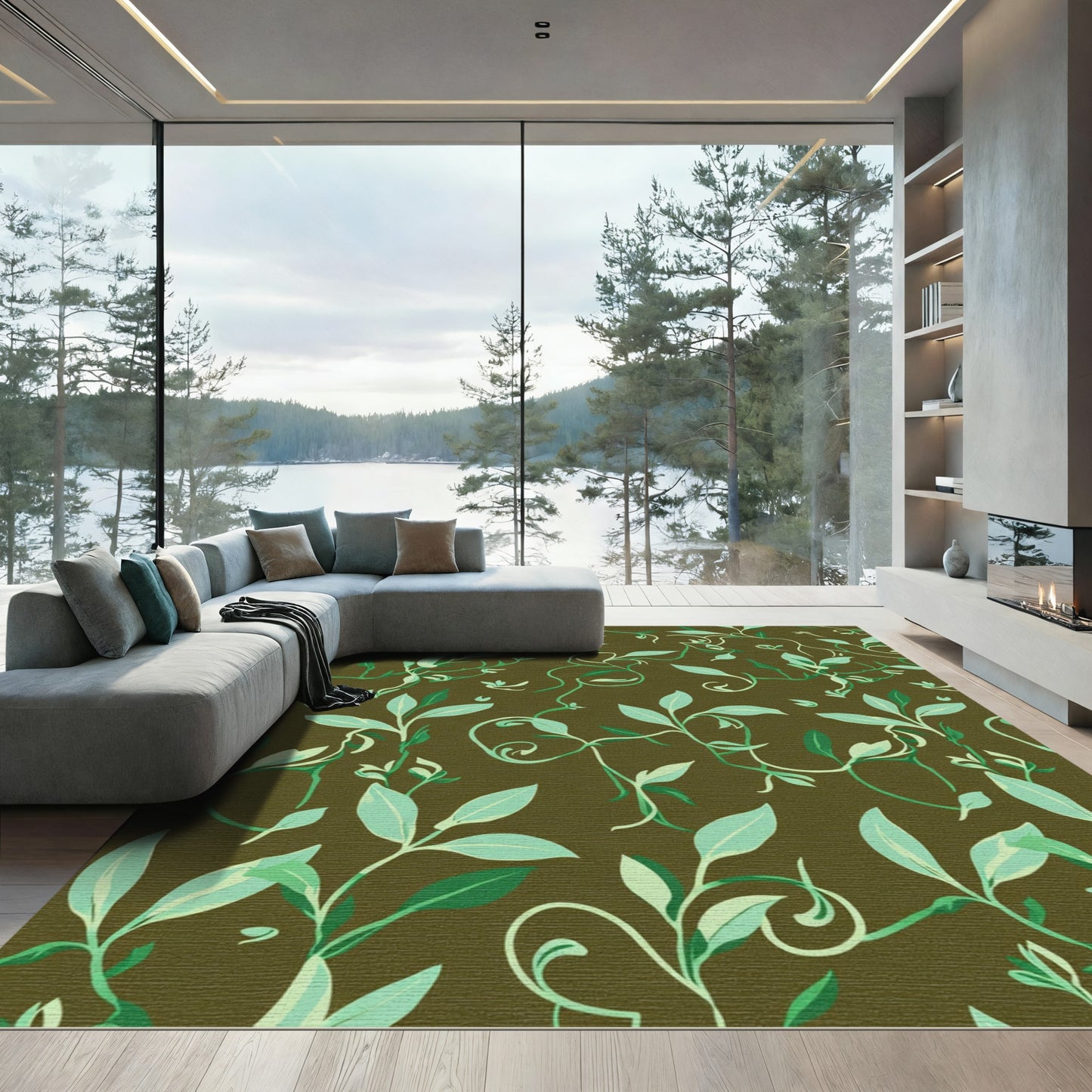 Earthy Green Vine Leaf Arrangement Rug