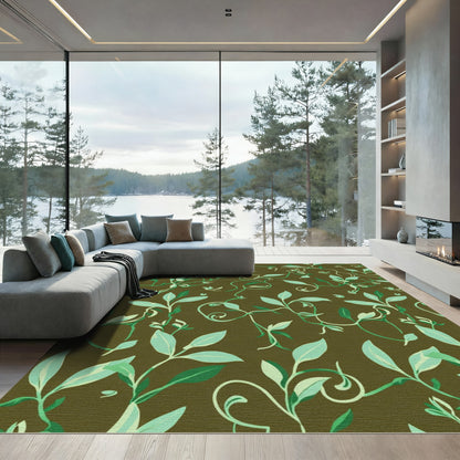 Earthy Green Vine Leaf Arrangement Rug