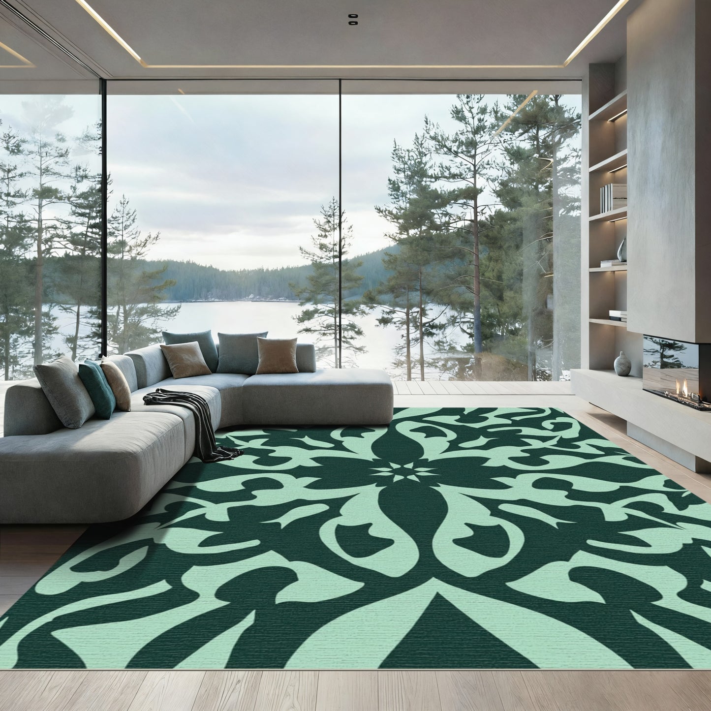 Teal Abstract Floral Medallion Rug
