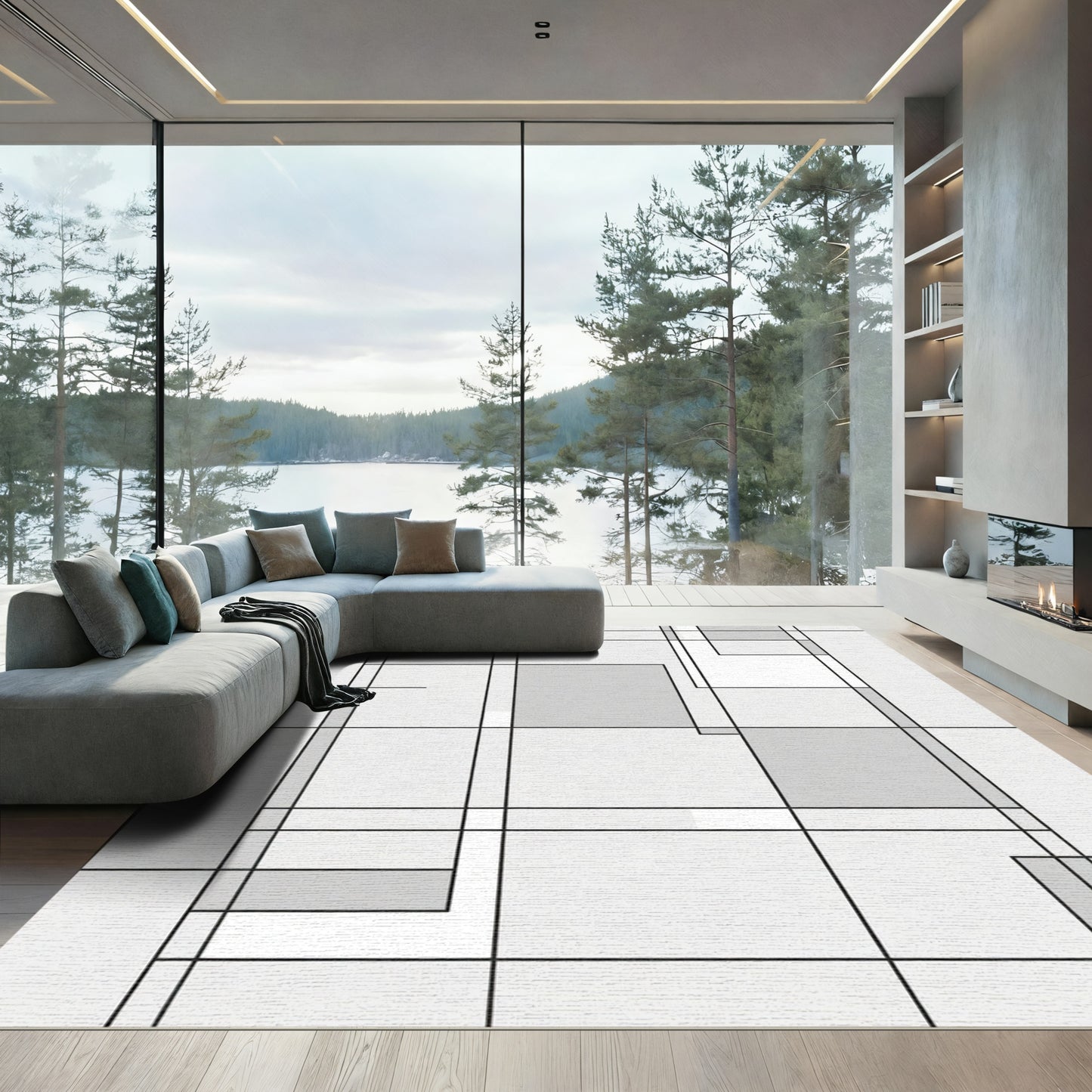 Modern Geometric Grid Light Gray Rug