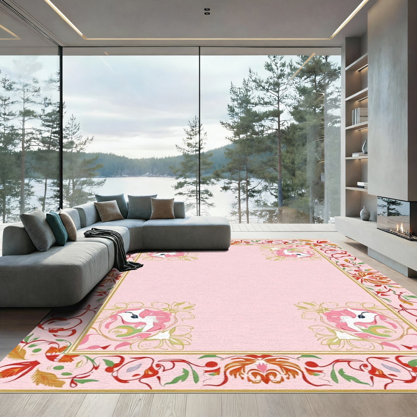 Whimsical Pink Unicorn Floral Frame Rug