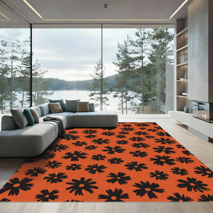 Black Floral Garden Orange Rug
