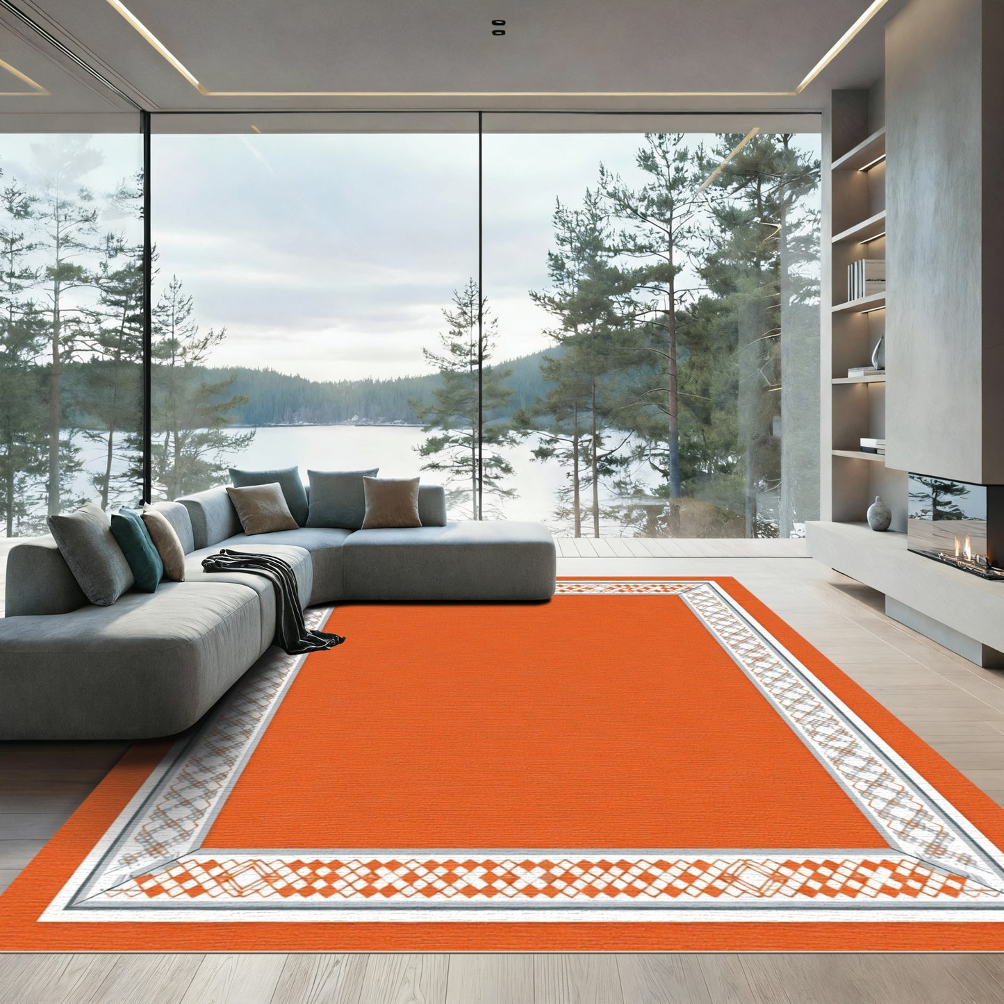 Orange Geometric Diamond Lattice Border Rug