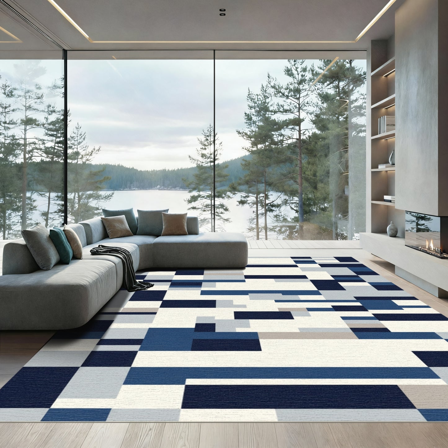 Navy Blue Geometric Rectangles Rug