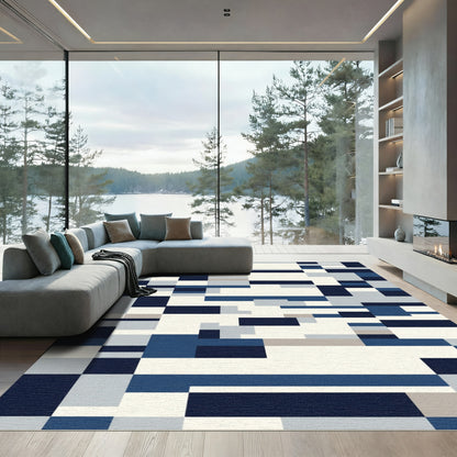Navy Blue Geometric Rectangles Rug