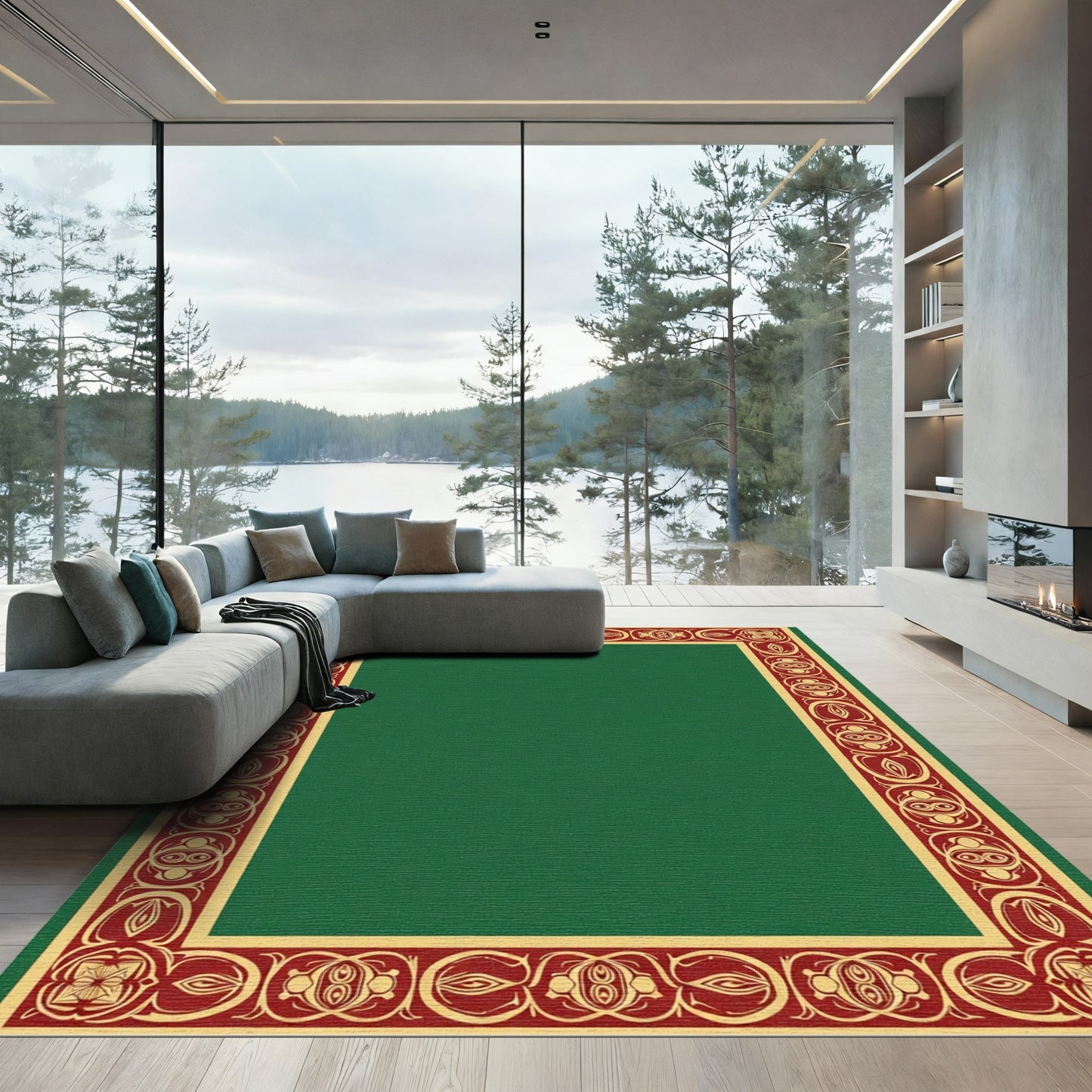Deep Emerald Red Scroll Border Rug
