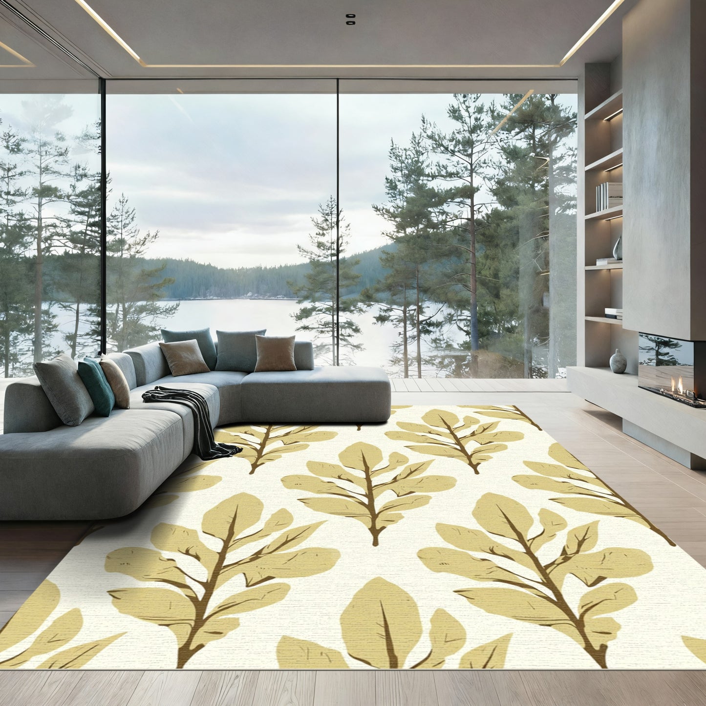 Golden Leaf Branch Pattern Rug