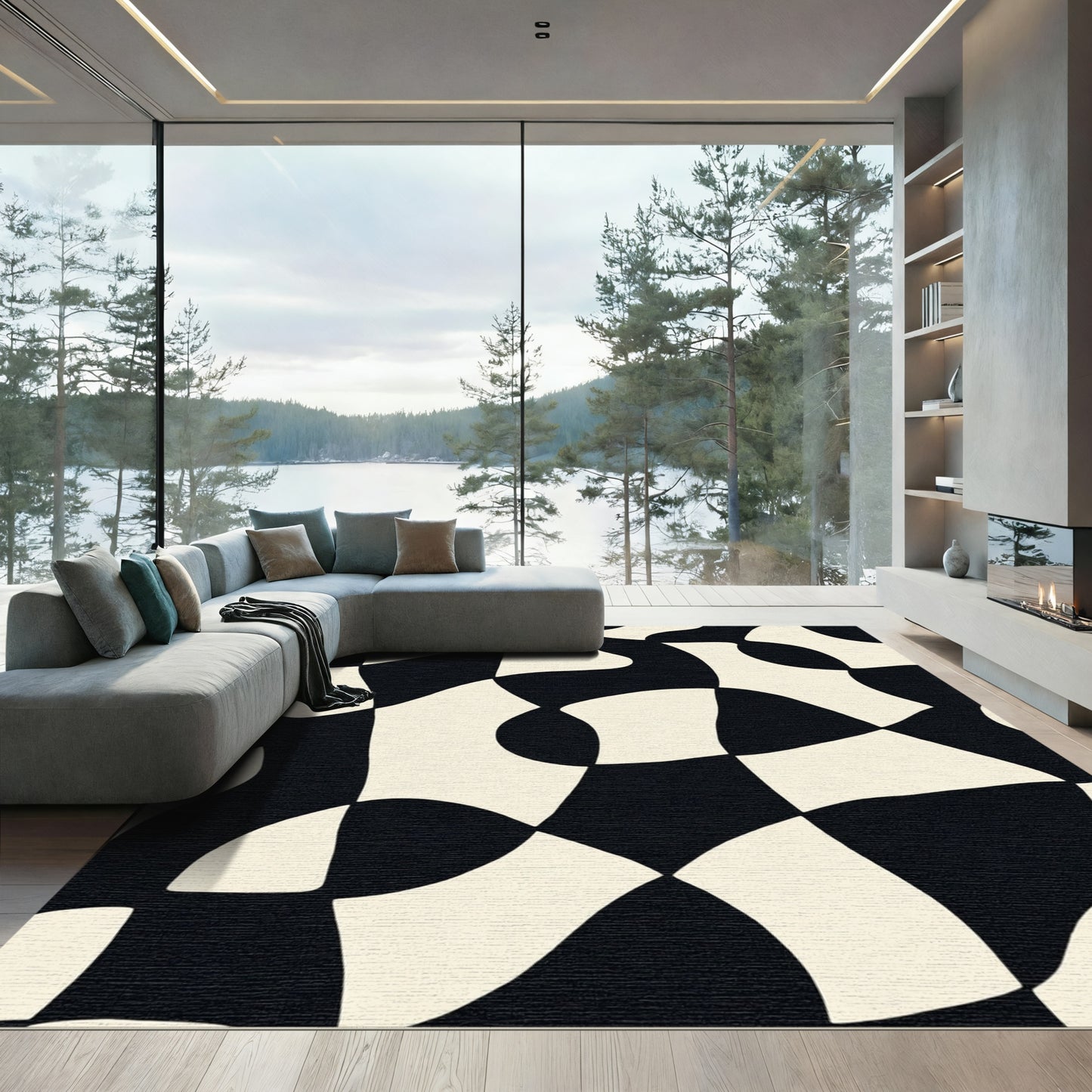 Abstract Black Cream Organic Shapes Rug