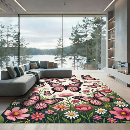Pink Butterfly Garden Meadow Composition Rug