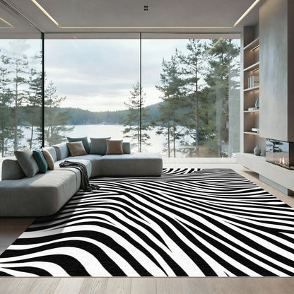 Bold Black White Swirling Zebra Stripes Rug