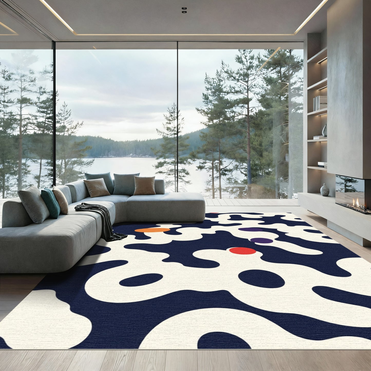 Abstract Navy Red Orange Blob Rug
