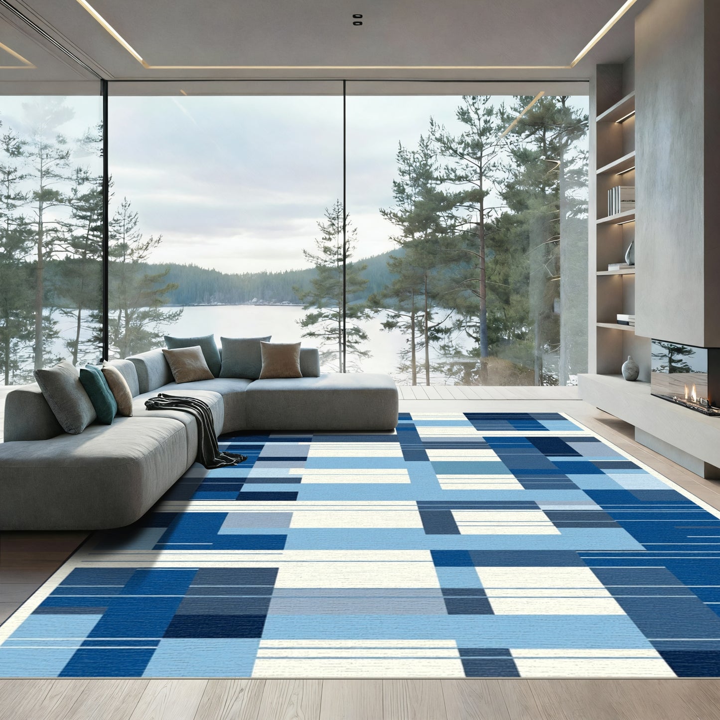 Blue Geometric Blocks and Lines Rug