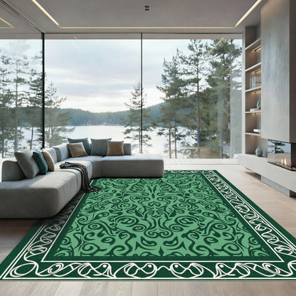 Emerald Green Swirl Damask Border Rug