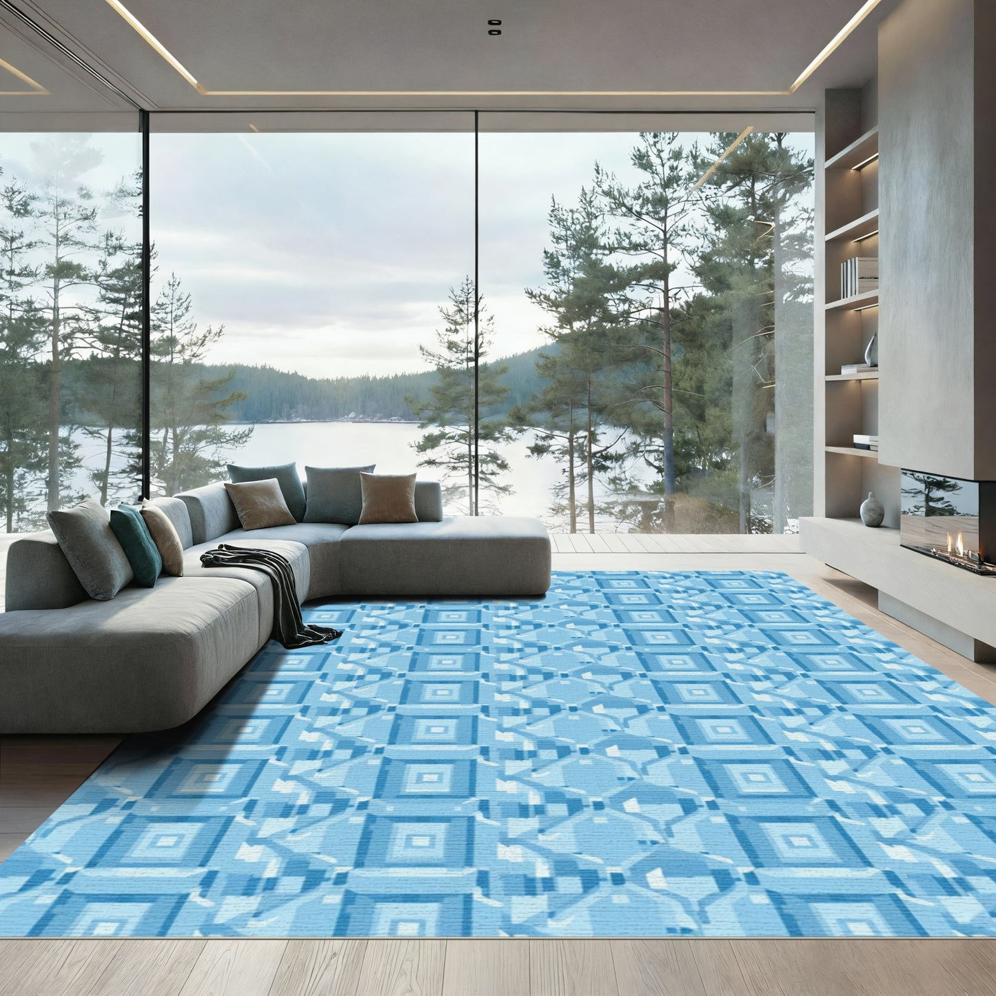 Cool Blue Geometric Layered Squares Rug