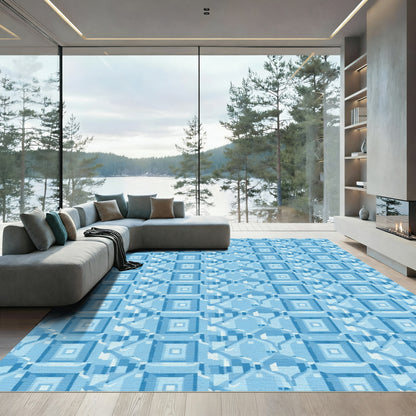 Cool Blue Geometric Layered Squares Rug