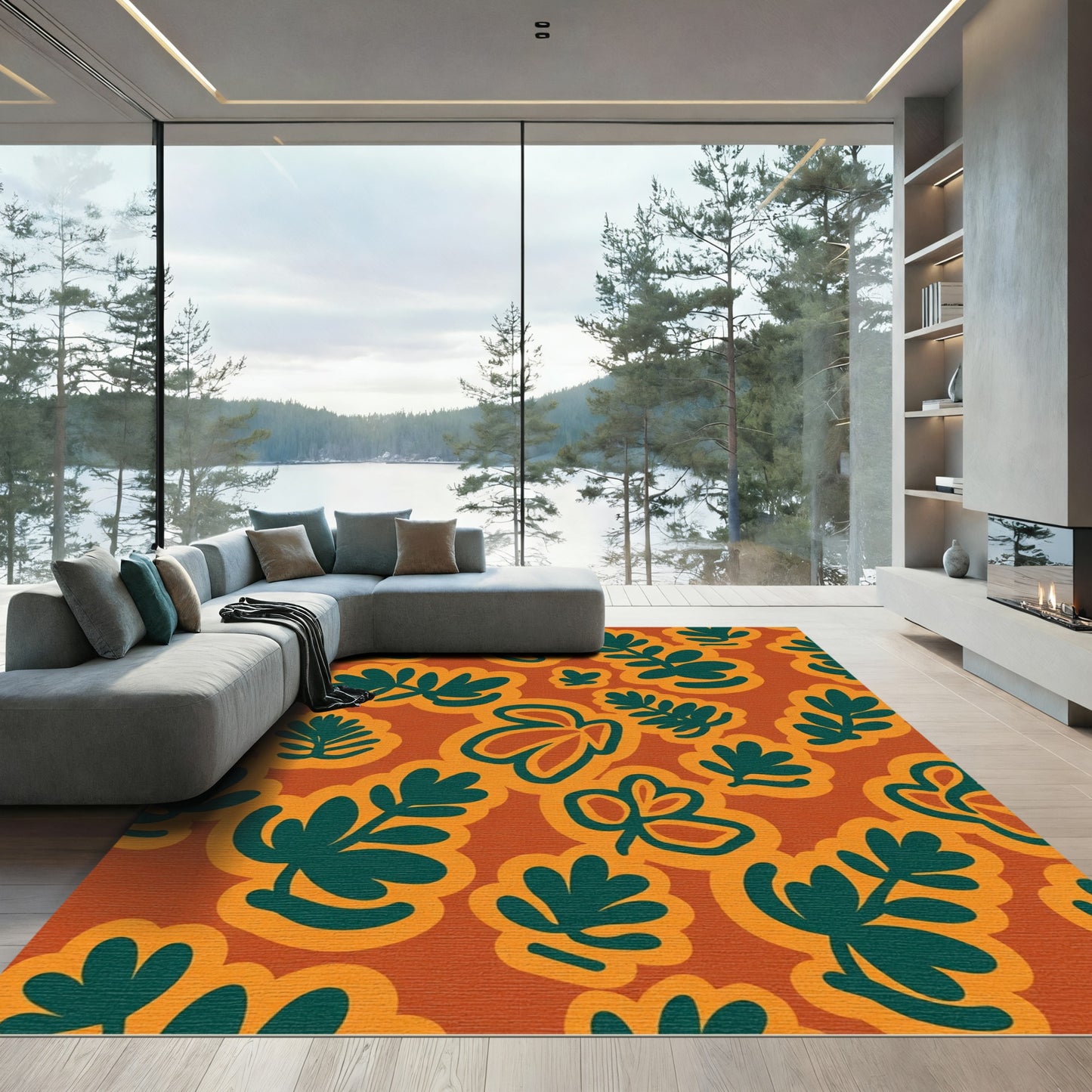 Orange Teal Botanical Abstract Shapes Rug